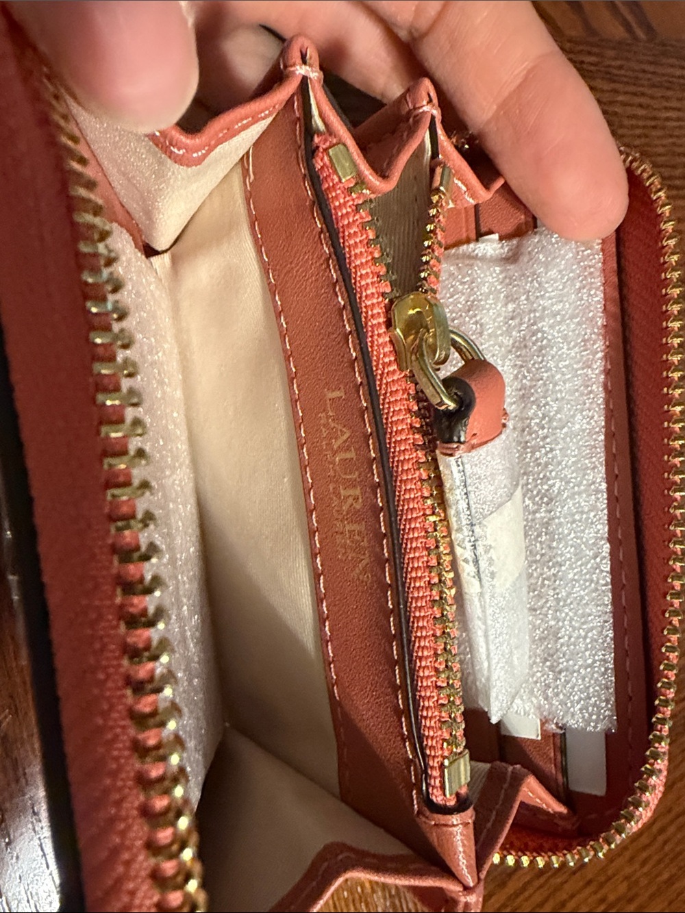 Ralph Lauren Coral Pink Leather Zip-Around Wallet with Gold RL Emblem - Picture 3 of 5
